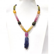 Natural faceted multi sapphire beaded necklace with adjustable tassel cord(sarafa).